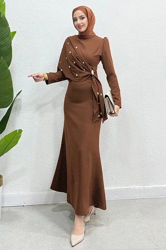 moda selvim فستان سهرة عسلي 4444ALG474 - Thumbnail