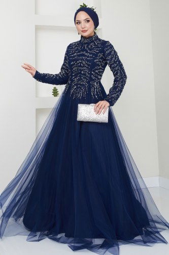 moda selvim Evening Dress 4463SRH861 Navy Blue - Thumbnail