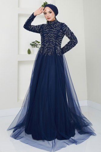 moda selvim فستان سهرة كحلي 4463SRH861 - Thumbnail