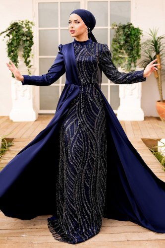 moda selvim Evening Dress 4495D170 Navy Blue - Thumbnail