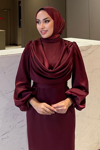 moda selvim Evening Dress 4550ALG474 Burgundy - Thumbnail