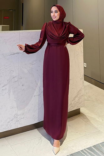 moda selvim Evening Dress 4550ALG474 Burgundy - Thumbnail