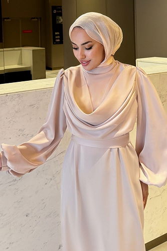 moda selvim Evening Dress 4550ALG474 Stone - Thumbnail