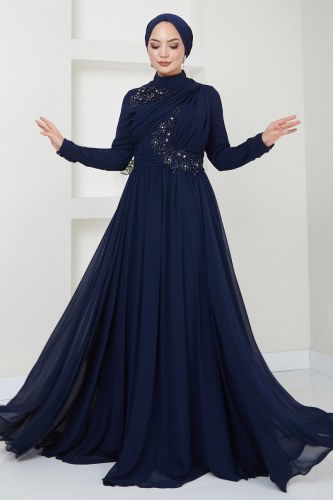 moda selvim فستان سهرة كحلي 4562SRH861 - Thumbnail
