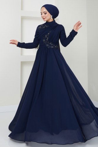 moda selvim فستان سهرة كحلي 4562SRH861 - Thumbnail