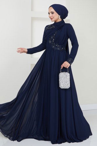 moda selvim فستان سهرة كحلي 4562SRH861 - Thumbnail