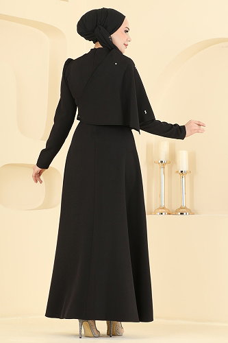 moda selvim فستان سهرة أسود 4590ALG474 - Thumbnail