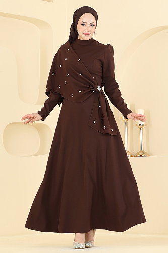 moda selvim Evening Dress 4590ALG474 Brown - Thumbnail
