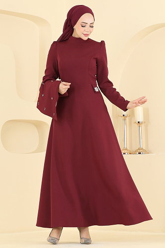 moda selvim Evening Dress 4590ALG474 Burgundy - Thumbnail