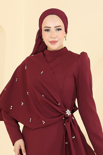 moda selvim Evening Dress 4590ALG474 Burgundy - Thumbnail