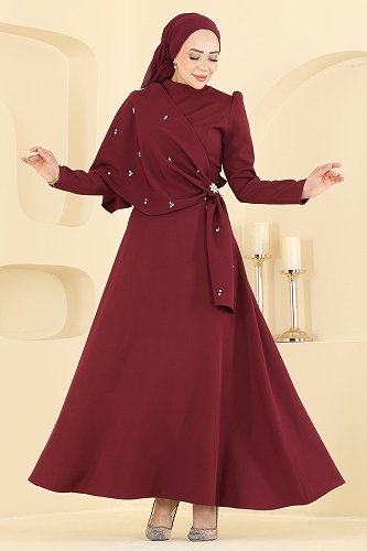 moda selvim فستان سهرة خمري 4590ALG474 - Thumbnail
