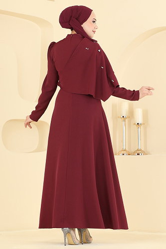 moda selvim فستان سهرة خمري 4590ALG474 - Thumbnail