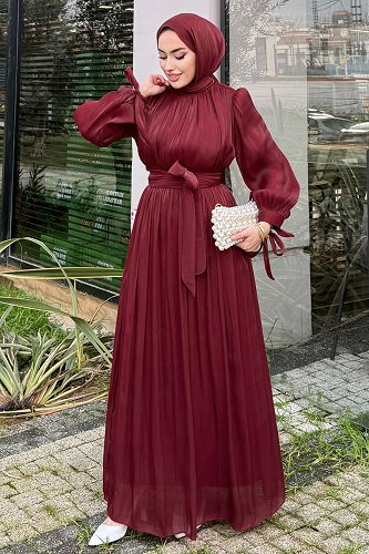moda selvim Evening Dress 4604ALGK1170 Burgundy - Thumbnail