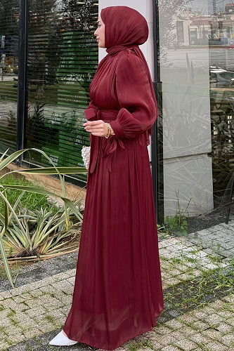 moda selvim Evening Dress 4604ALGK1170 Burgundy - Thumbnail