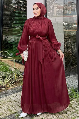 moda selvim فستان سهرة خمري 4604ALGK1170 - Thumbnail