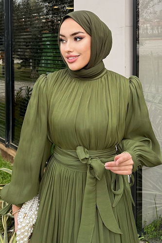 moda selvim Evening Dress 4604ALGK1170 Khaki - Thumbnail