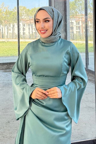 moda selvim فستان سهرة أخضر باهت 4623ALG474 - Thumbnail