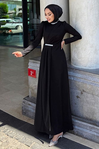 moda selvim Evening Dress 4645ALG474 Black - Thumbnail