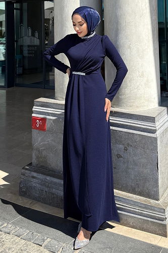 moda selvim Evening Dress 4645ALG474 Navy Blue - Thumbnail