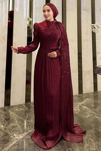 moda selvim Evening Dress 4662ALGK1170 Burgundy - Thumbnail
