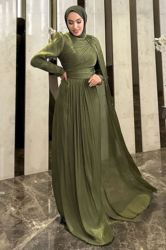 moda selvim فستان سهرة اخضر عفني 4662ALGK1170 - Thumbnail