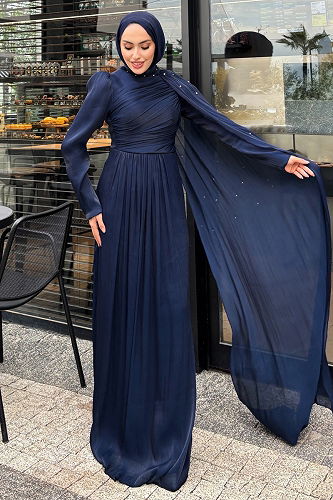 moda selvim Evening Dress 4662ALGK1170 Navy Blue - Thumbnail