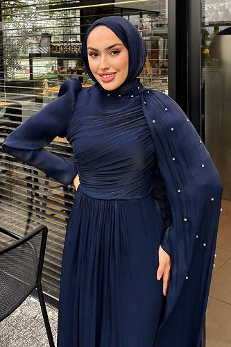 moda selvim Evening Dress 4662ALGK1170 Navy Blue - Thumbnail