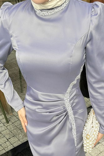 moda selvim فستان سهرة رمادي 4663ALGK1170 - Thumbnail