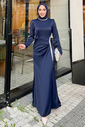 moda selvim Evening Dress 4663ALGK1170 Navy Blue - Thumbnail