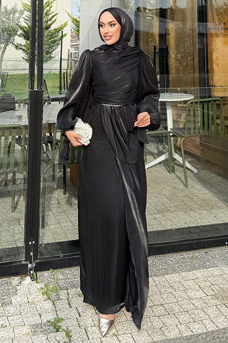 moda selvim Evening Dress 4666ALGK1170 Black - Thumbnail