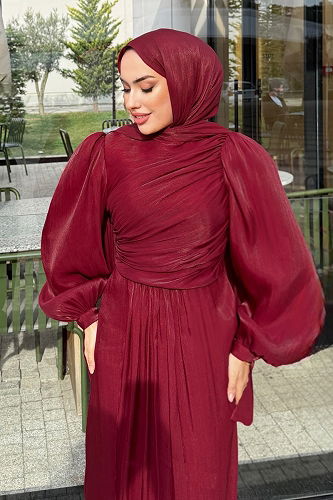 moda selvim فستان سهرة خمري 4666ALGK1170 - Thumbnail