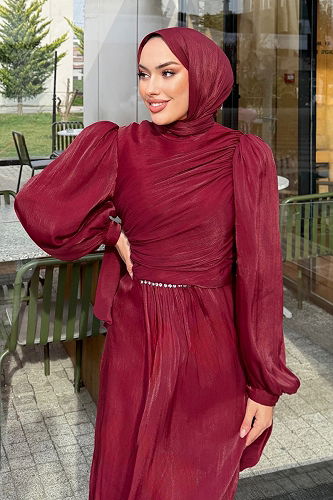 moda selvim فستان سهرة خمري 4666ALGK1170 - Thumbnail