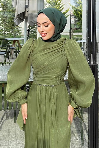 moda selvim فستان سهرة اخضر عفني 4666ALGK1170 - Thumbnail