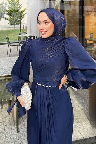 moda selvim فستان سهرة كحلي 4666ALGK1170 - Thumbnail