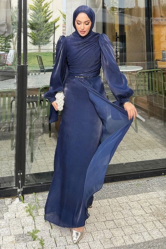 moda selvim فستان سهرة كحلي 4666ALGK1170 - Thumbnail