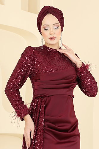 moda selvim Evening Dress 4667ALGK1170 Burgundy - Thumbnail