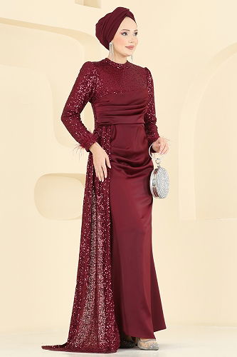 moda selvim فستان سهرة خمري 4667ALGK1170 - Thumbnail