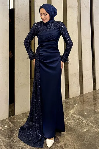 moda selvim Evening Dress 4667ALGK1170 Navy Blue - Thumbnail
