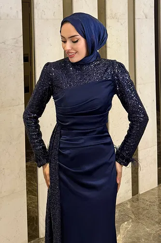 moda selvim Evening Dress 4667ALGK1170 Navy Blue - Thumbnail