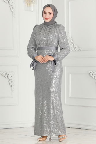 moda selvim Evening Dress 4667D170 Silver - Thumbnail