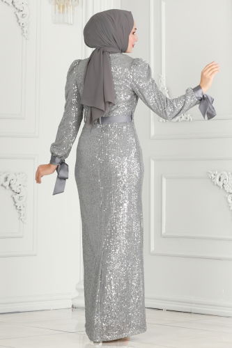 moda selvim Evening Dress 4667D170 Silver - Thumbnail