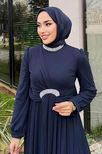 moda selvim Evening Dress 4695ALGK1170 Navy Blue - Thumbnail