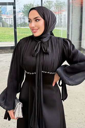 moda selvim فستان سهرة أسود 4711ALGK1170 - Thumbnail