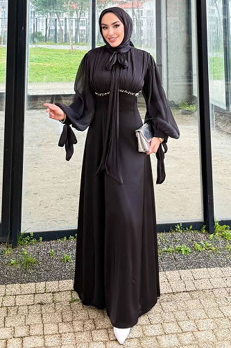 moda selvim فستان سهرة أسود 4711ALGK1170 - Thumbnail