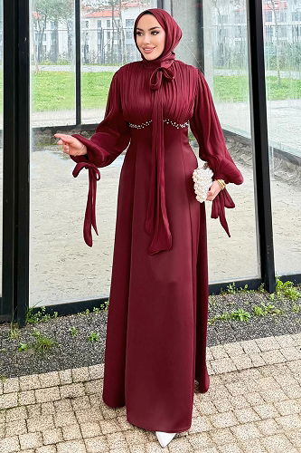 moda selvim Evening Dress 4711ALGK1170 Burgundy - Thumbnail