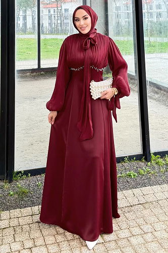 moda selvim Evening Dress 4711ALGK1170 Burgundy - Thumbnail