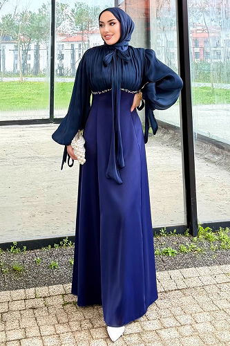 moda selvim Evening Dress 4711ALGK1170 Navy Blue - Thumbnail