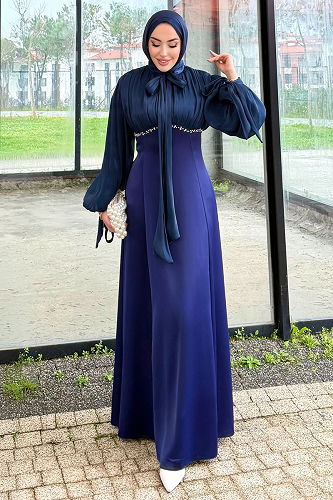 moda selvim Evening Dress 4711ALGK1170 Navy Blue - Thumbnail