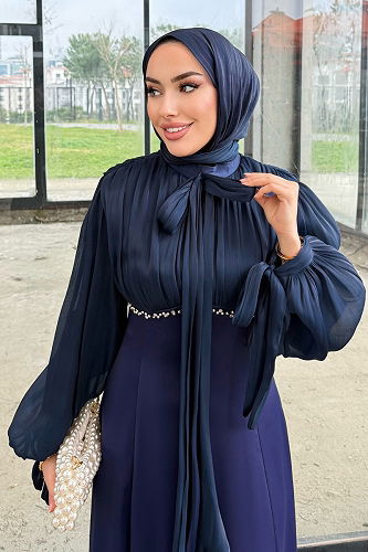 moda selvim Evening Dress 4711ALGK1170 Navy Blue - Thumbnail