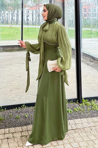 moda selvim Evening Dress 4711ALGK1170 Oil Green - Thumbnail